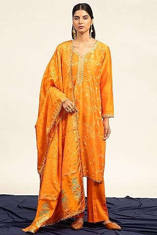 orange pure chanderi machine & hand embroidered kurta set