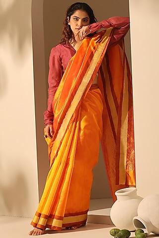 orange pure chanderi silk handloom saree set
