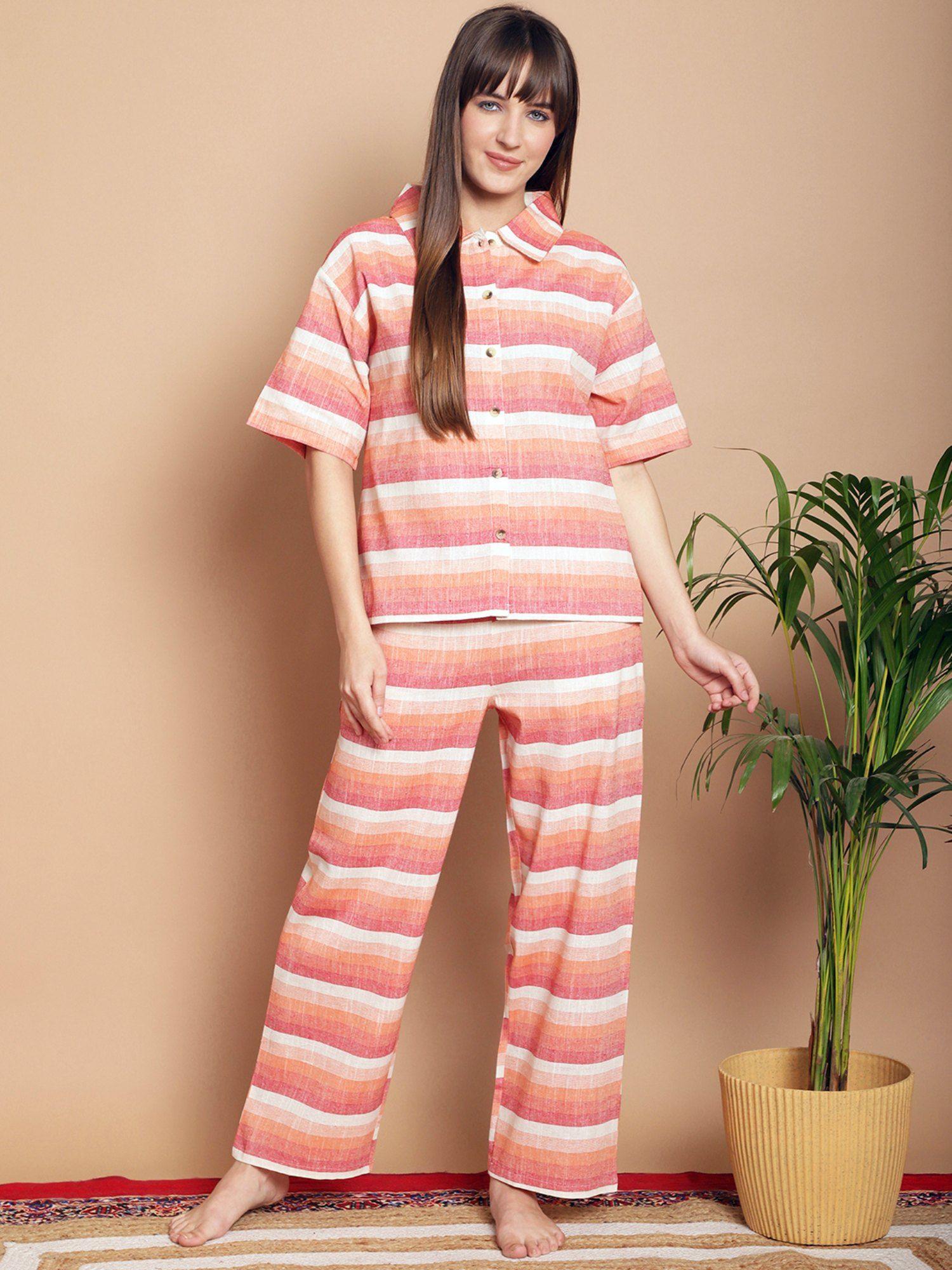 orange pure cotton striped night suit (set of 2)