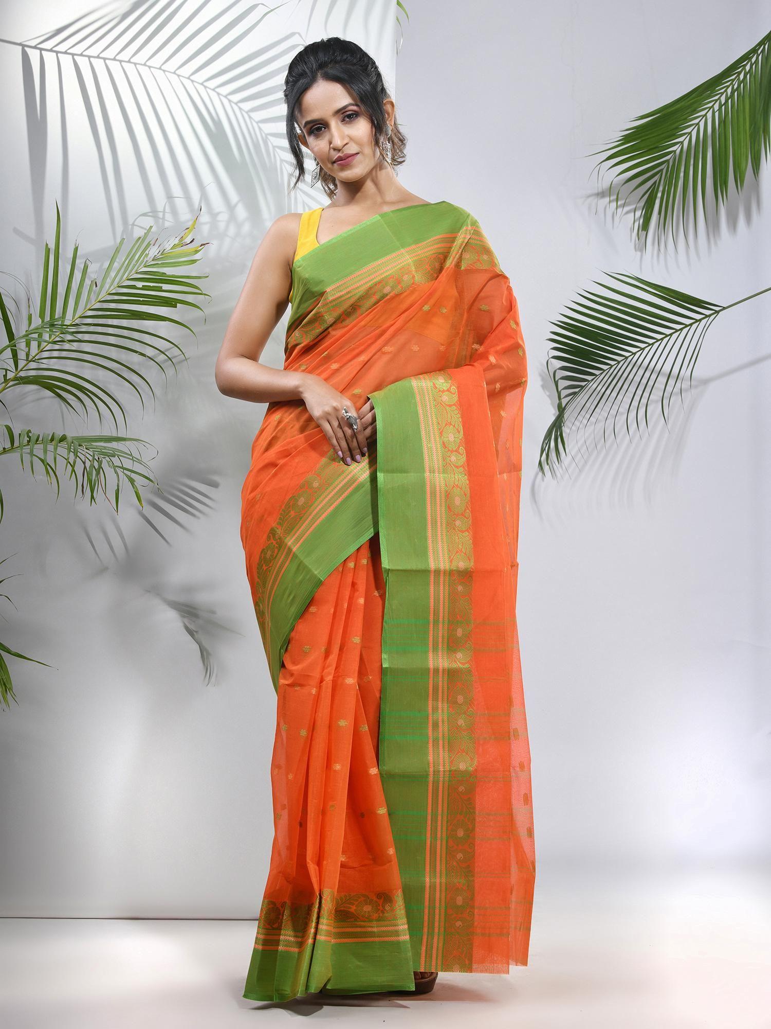 orange pure cotton tant woven designs saree without blouse