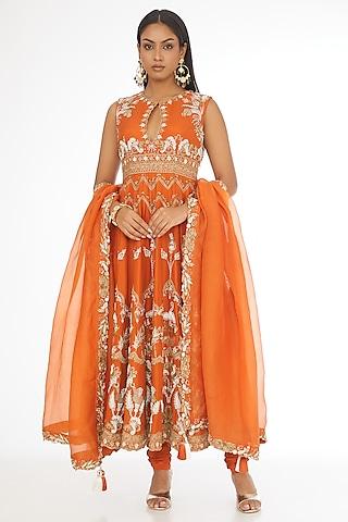 orange pure dupion silk zardosi embroidered anarkali set