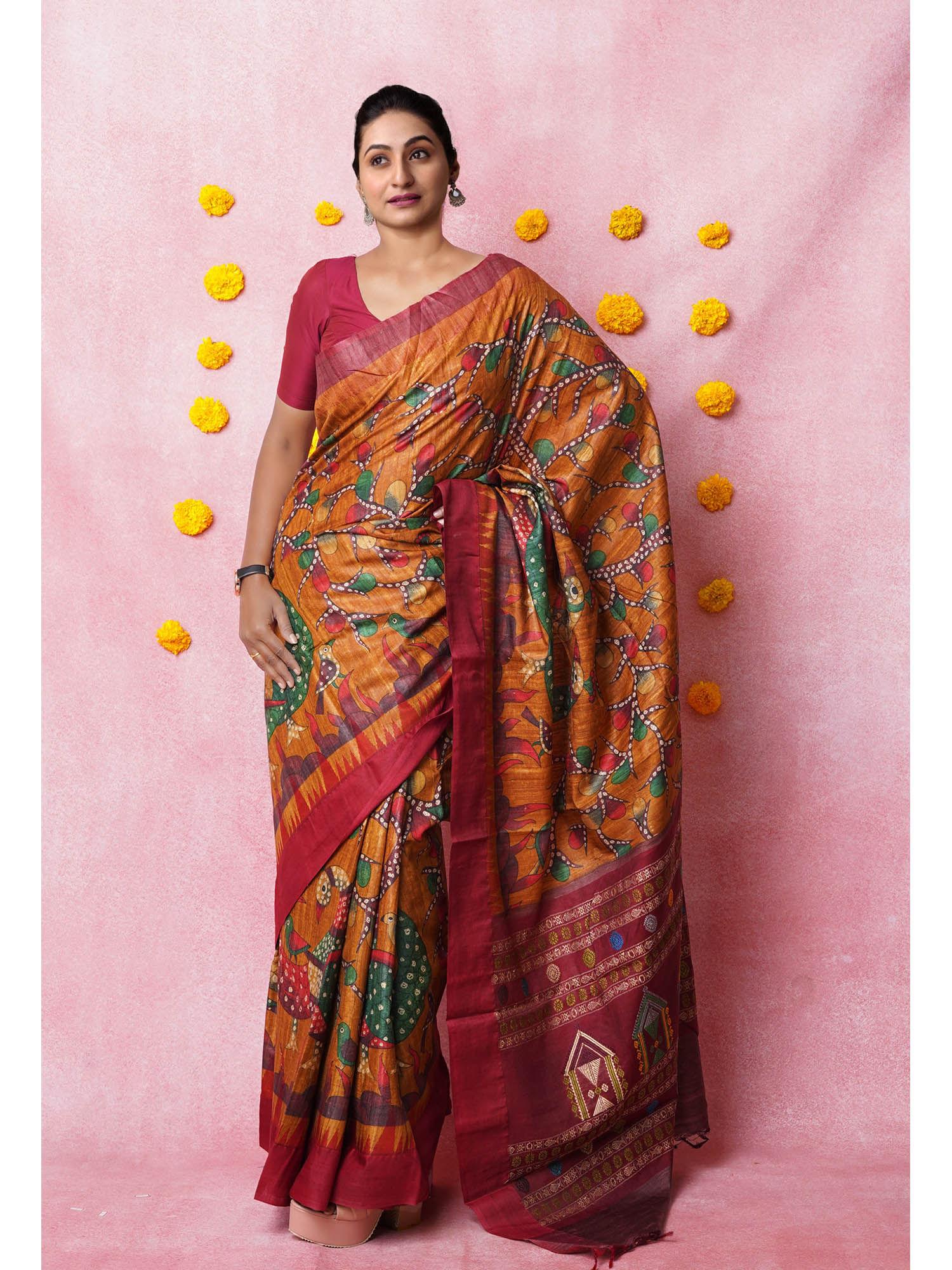 orange pure handloom kalamkari printed tussar silk saree with unstitched blouse