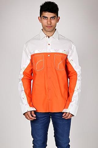 orange pure poplin printed & hand embroidered shirt