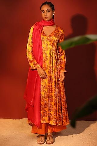orange pure satin hand block printed & embroidered angrakha kurta set