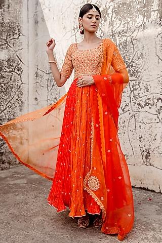 orange pure silk embroidered anarkali set