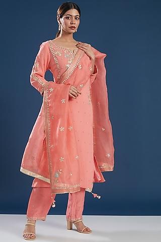 orange pure silk georgette embroidered kurta set