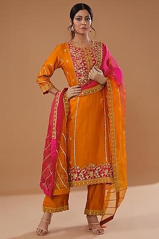 orange pure spun silk embroidered kurta set