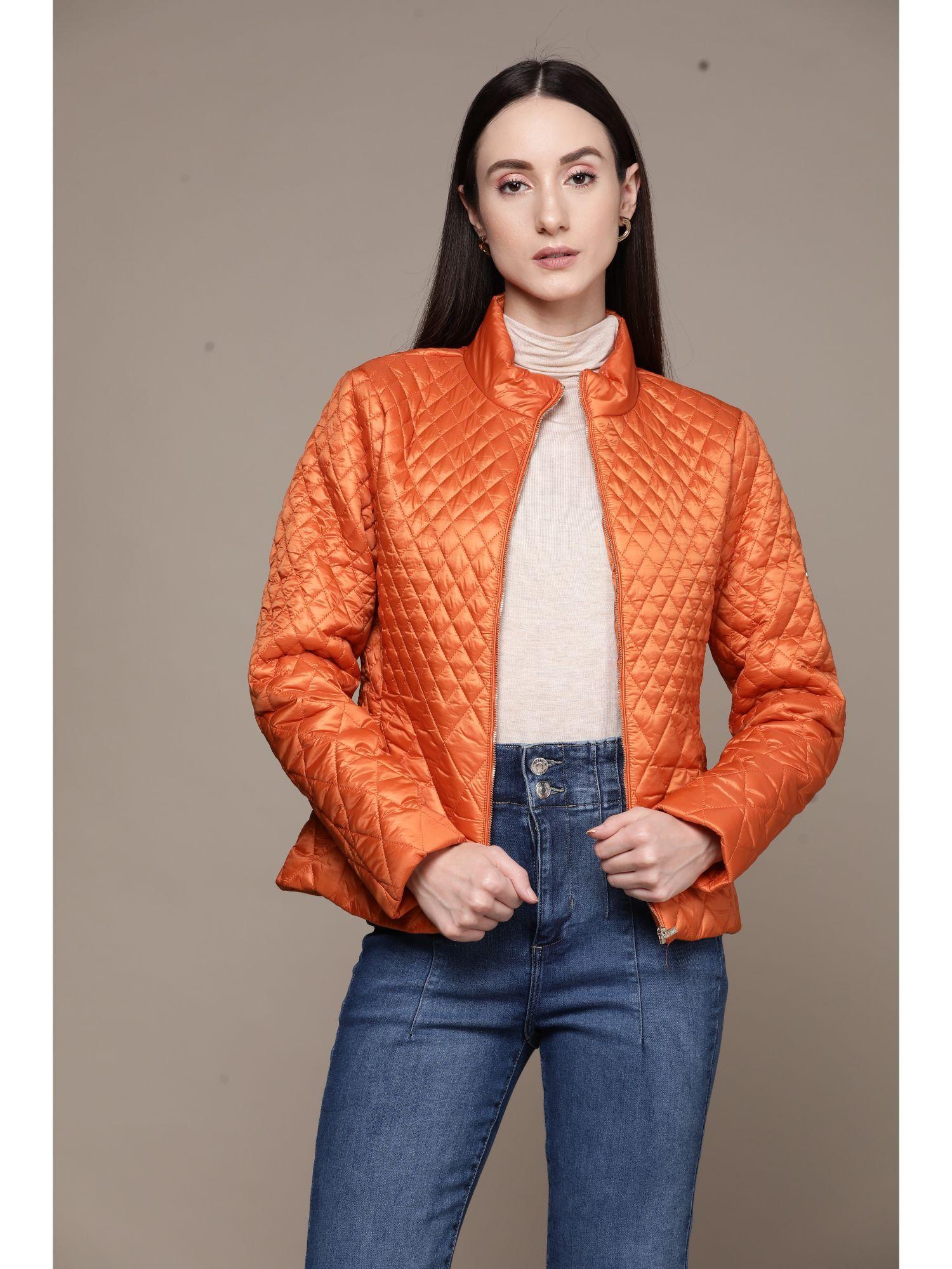 orange quilted puffer jacket