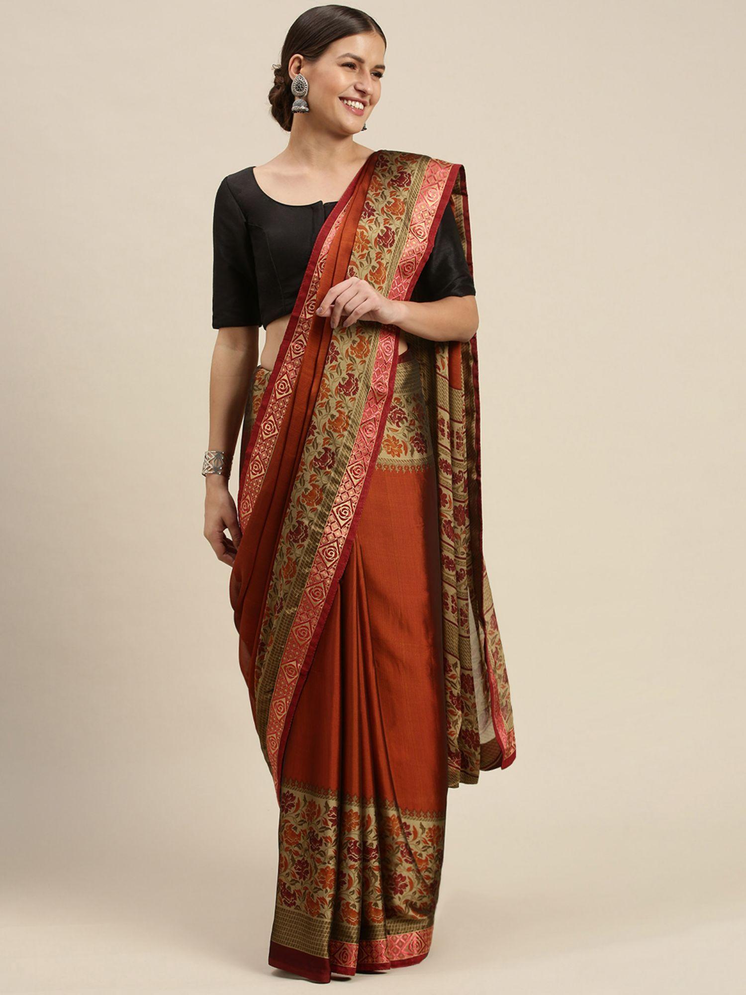 orange rangoli silk printed traditional saree with unstitched blouse