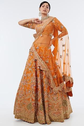 orange raw silk cutdana embellished lehenga set