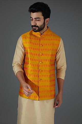 orange raw silk ikat printed bundi jacket