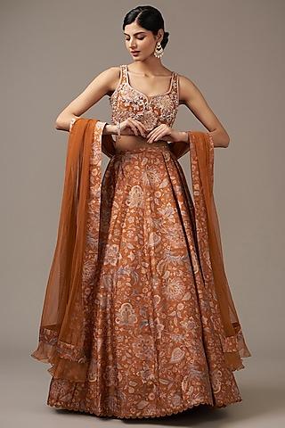 orange raw silk printed lehenga set