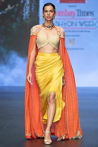 orange raw silk resham & floral hand embroidered cape set