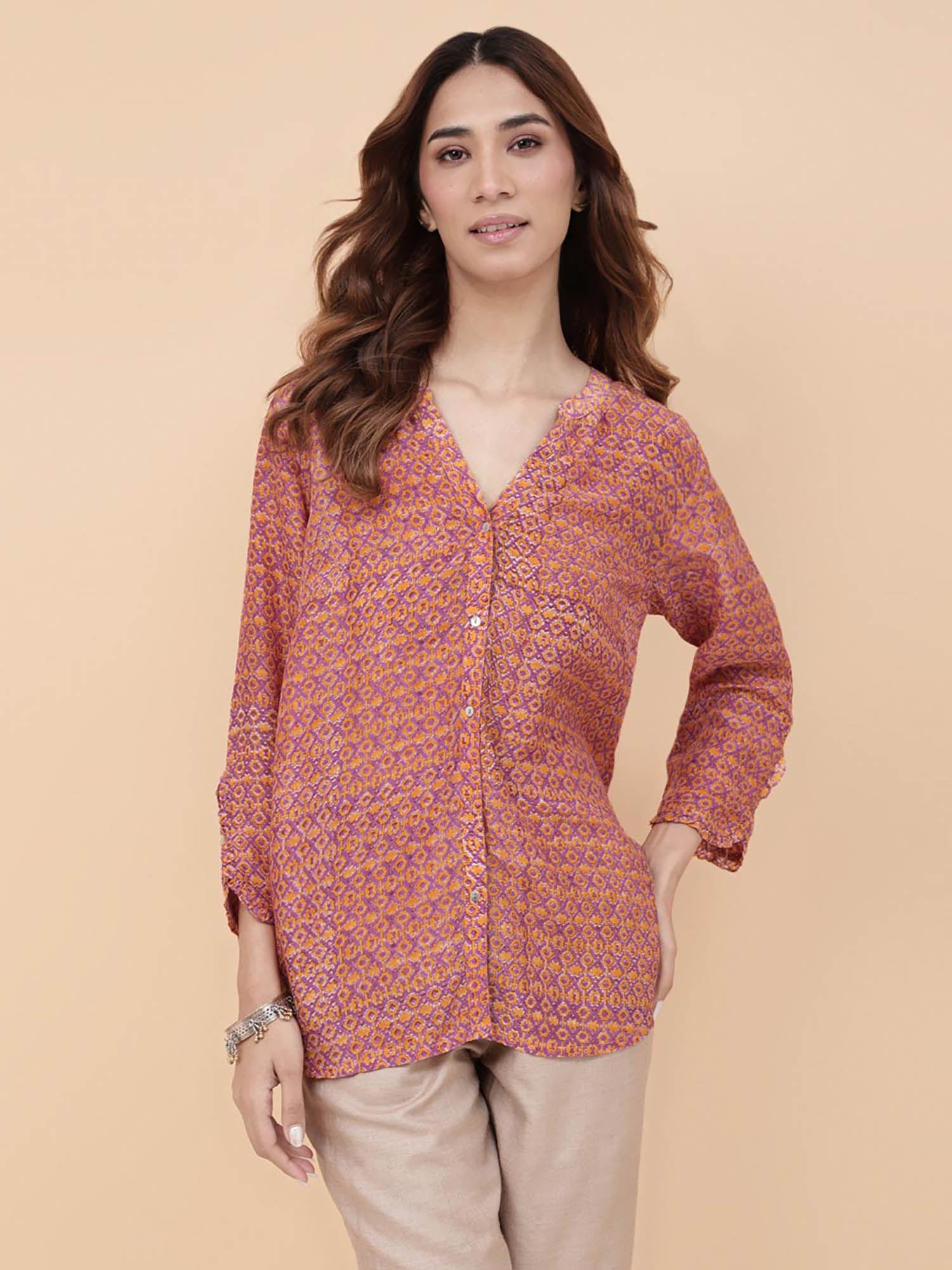 orange rayon blend hand block printed shirt