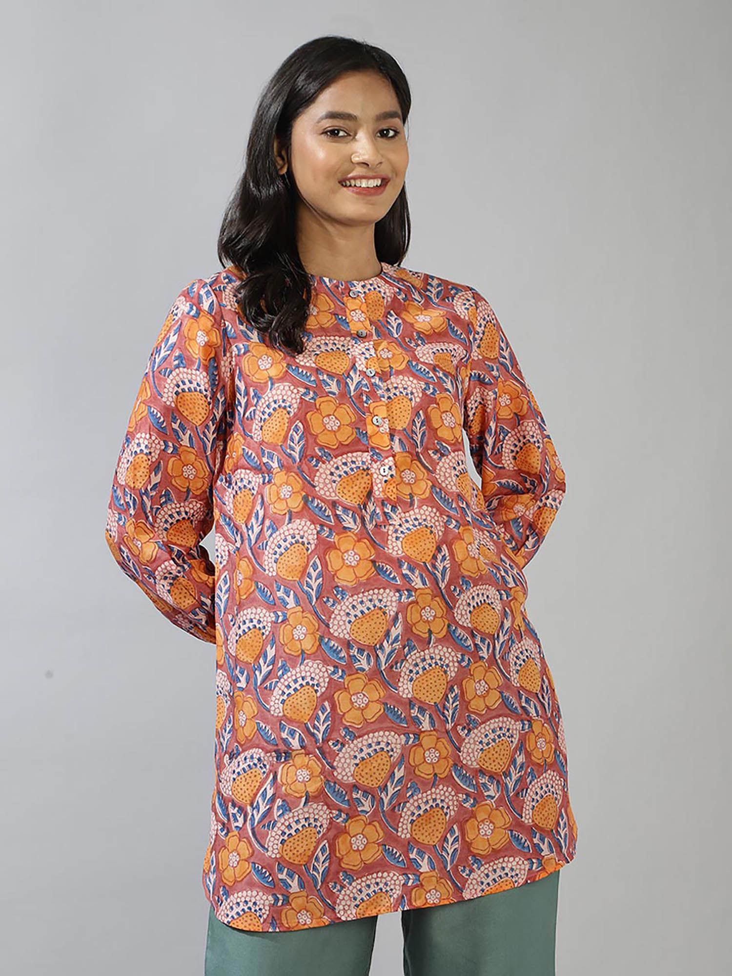 orange rayon blend hand block printed tunic