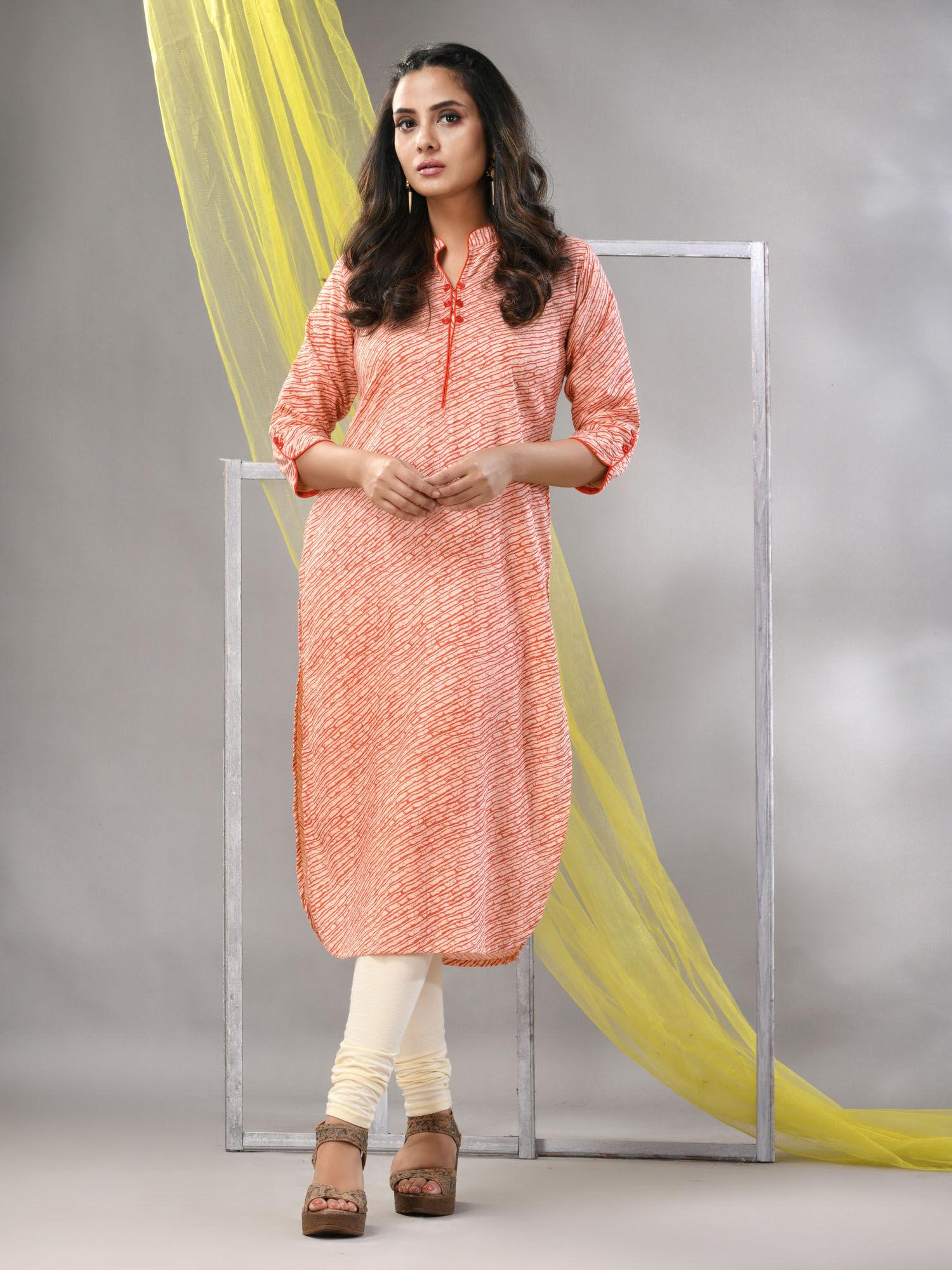 orange rayon leheriya printed straight kurta