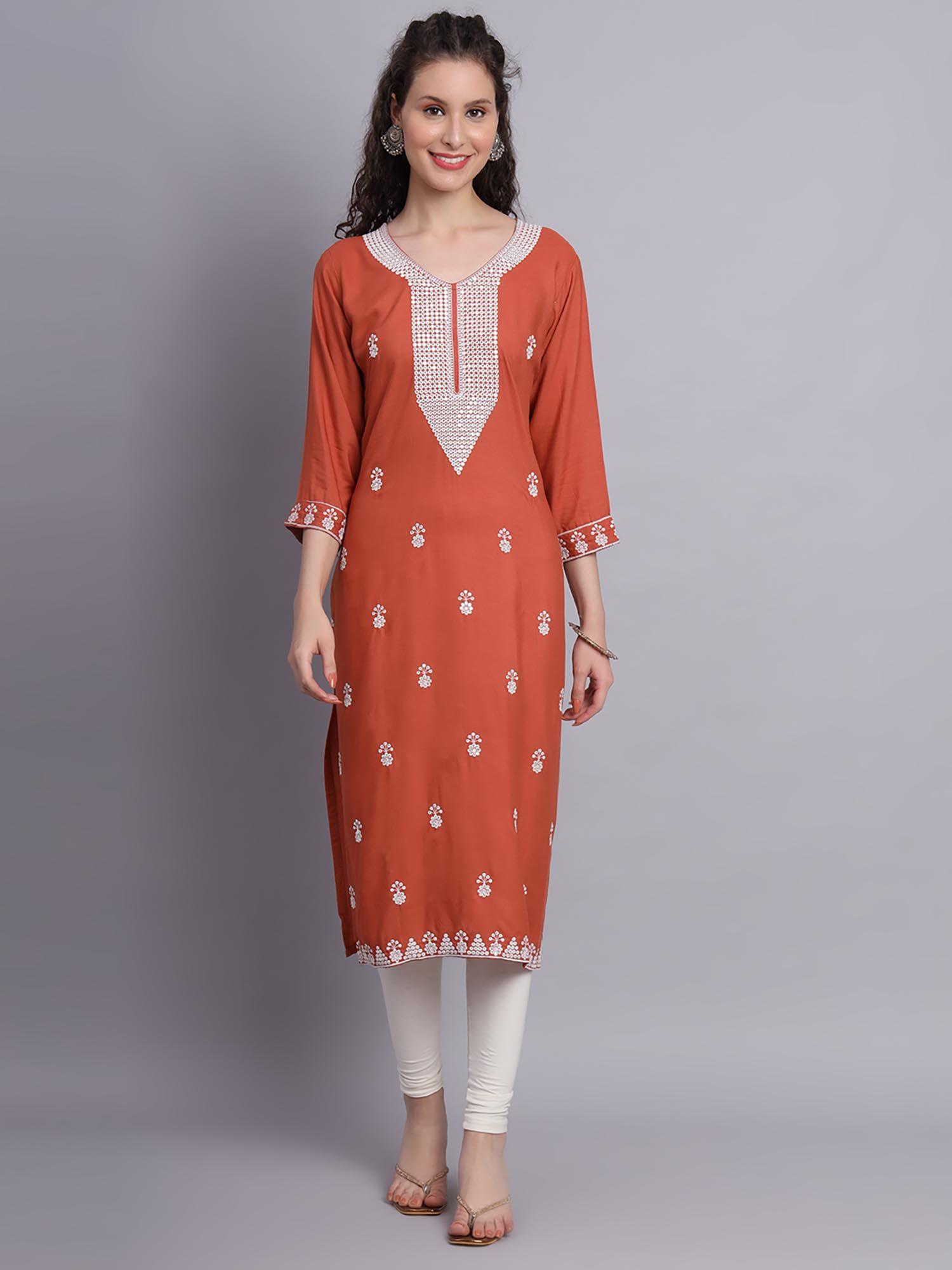 orange rayon lucknowi chikankari work straigh kurta