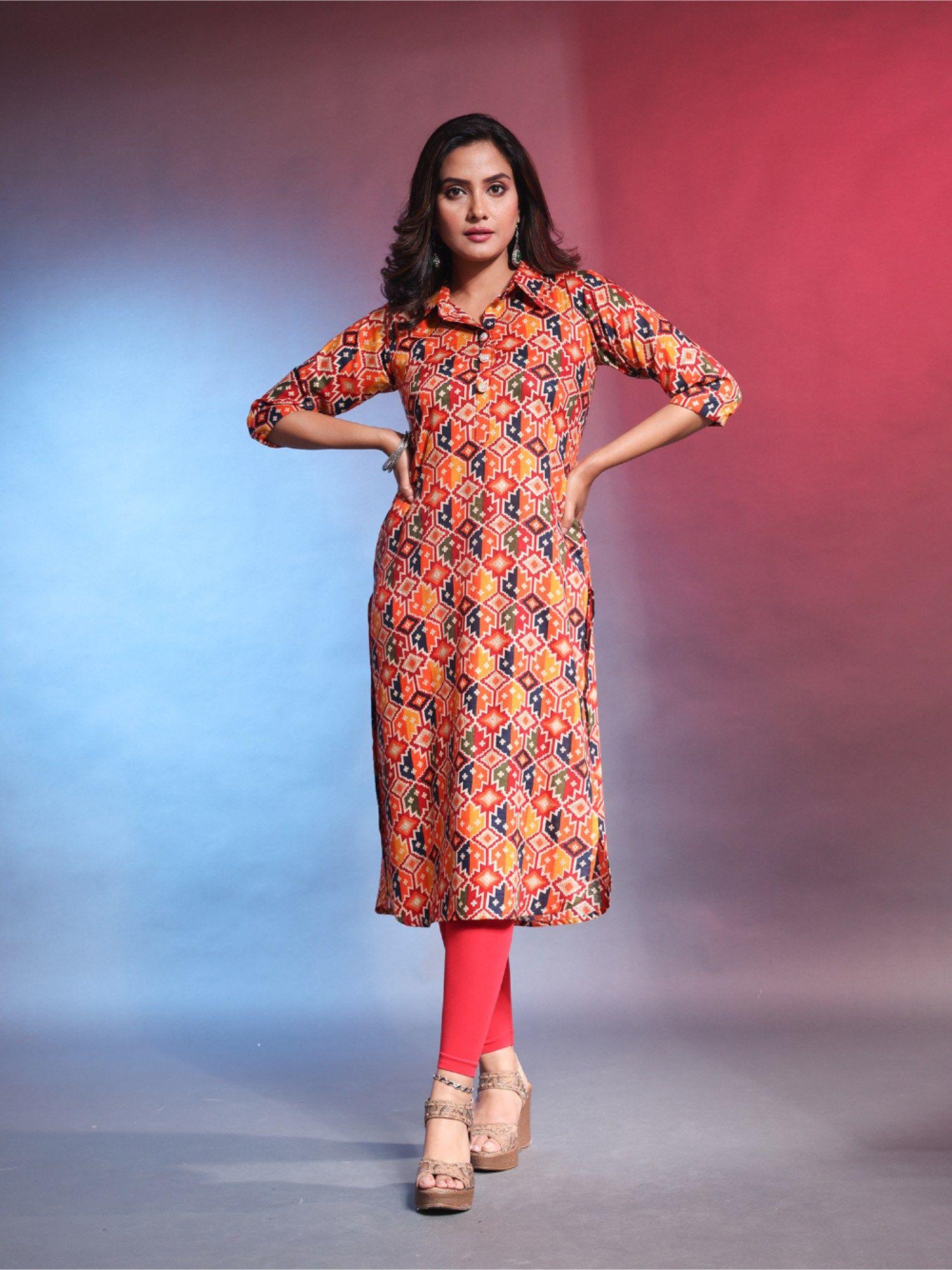 orange rayon printed straight kurta