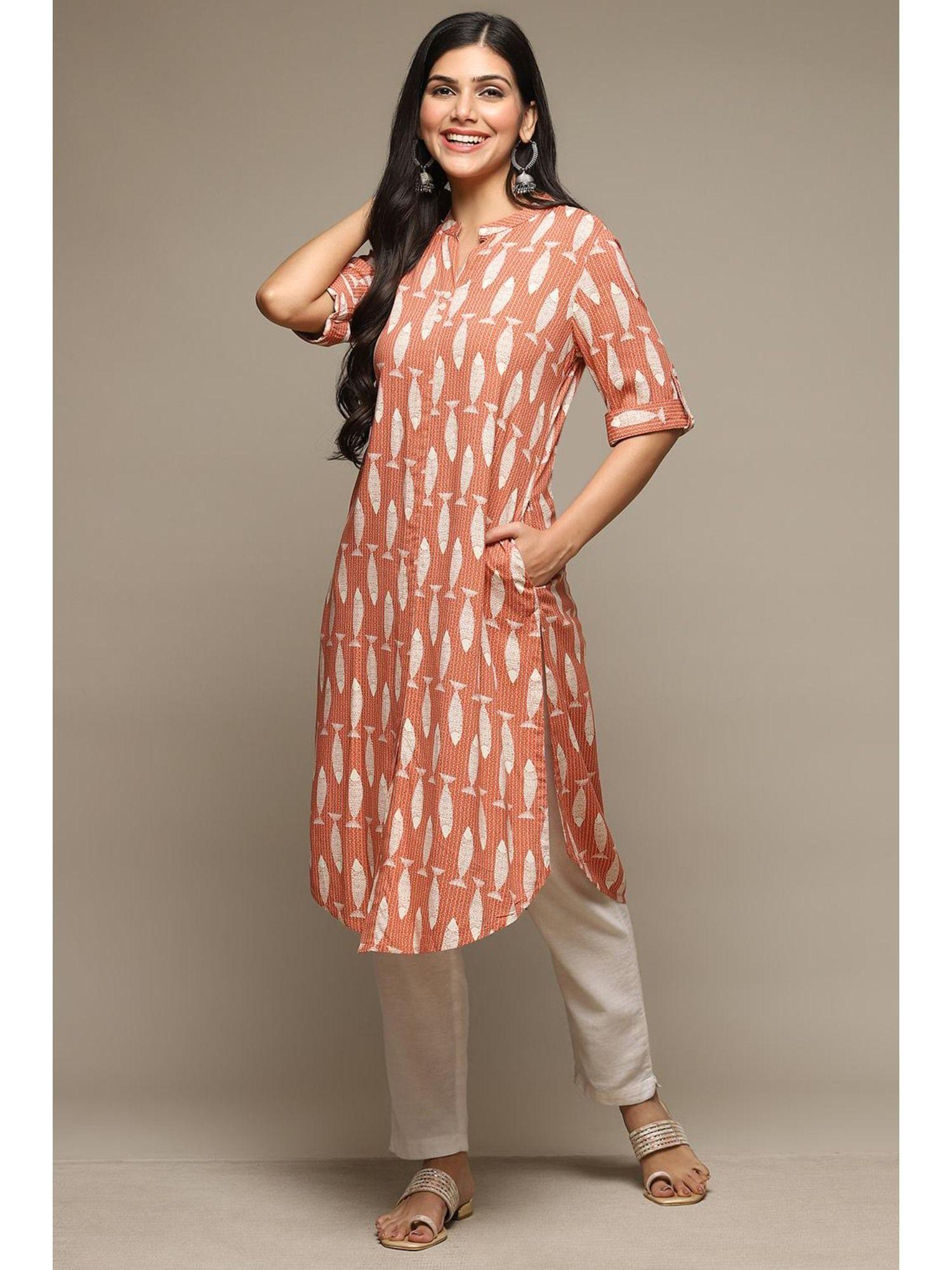 orange rayon straight printed kurta