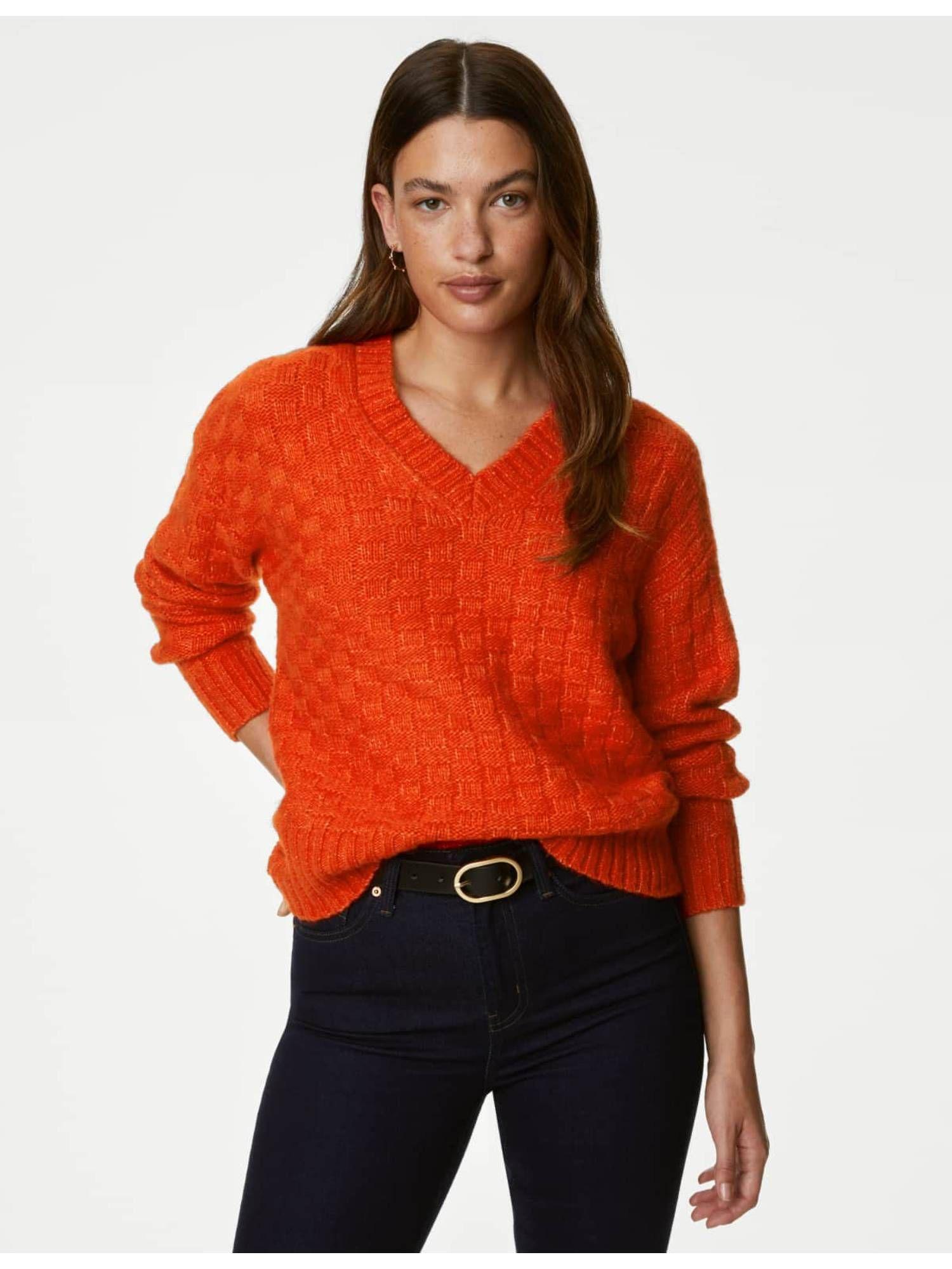 orange recycled blend textured v-neck jumper