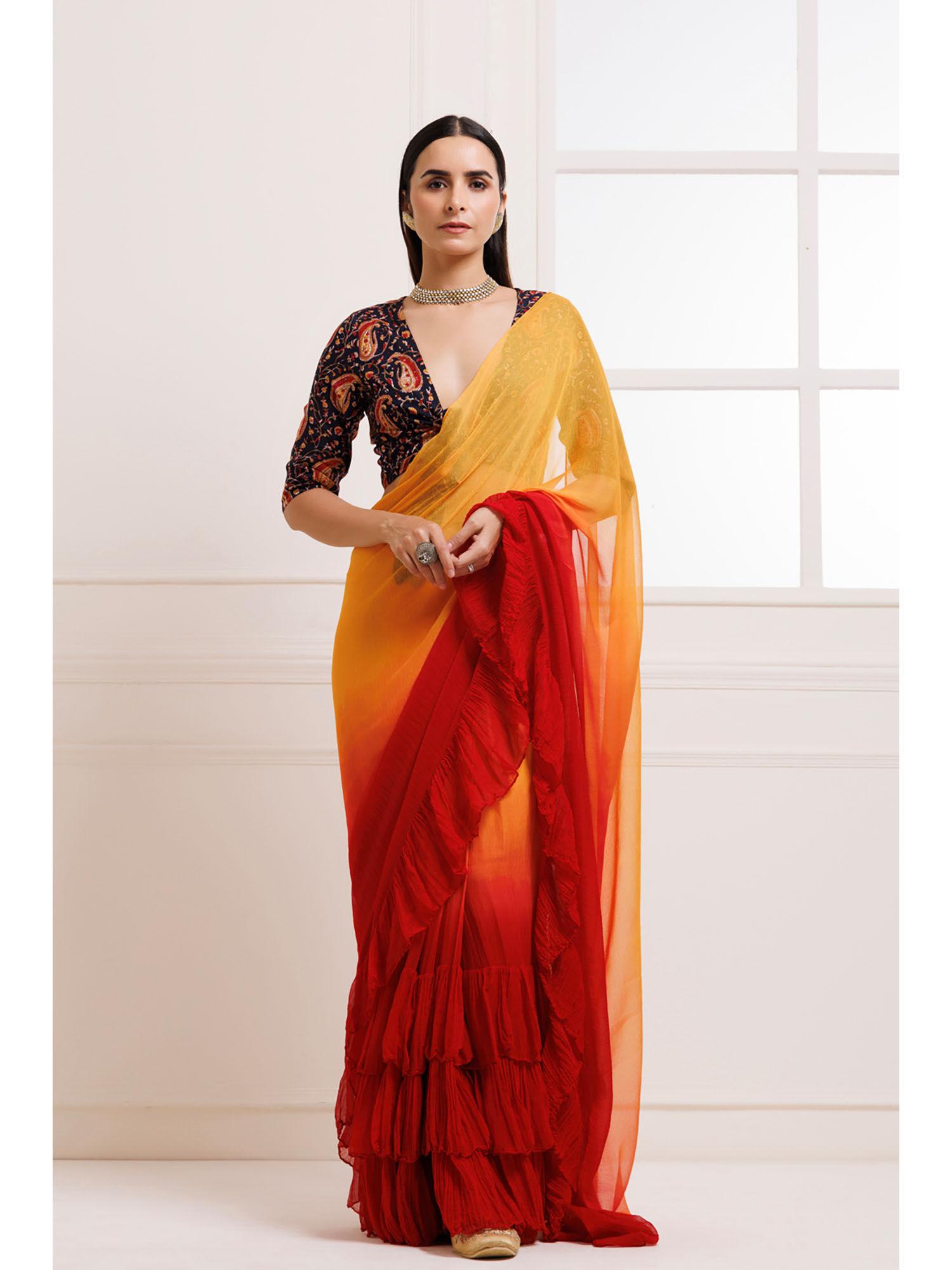 orange red pleated ombre chiffon saree with unstitched blouse