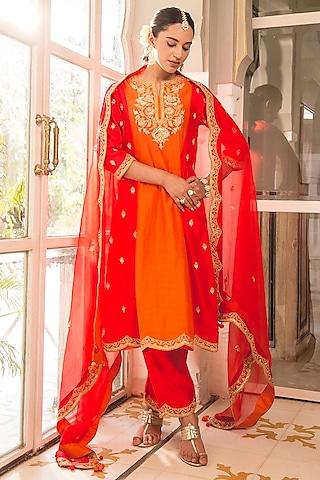 orange-red pure spun silk kurta set
