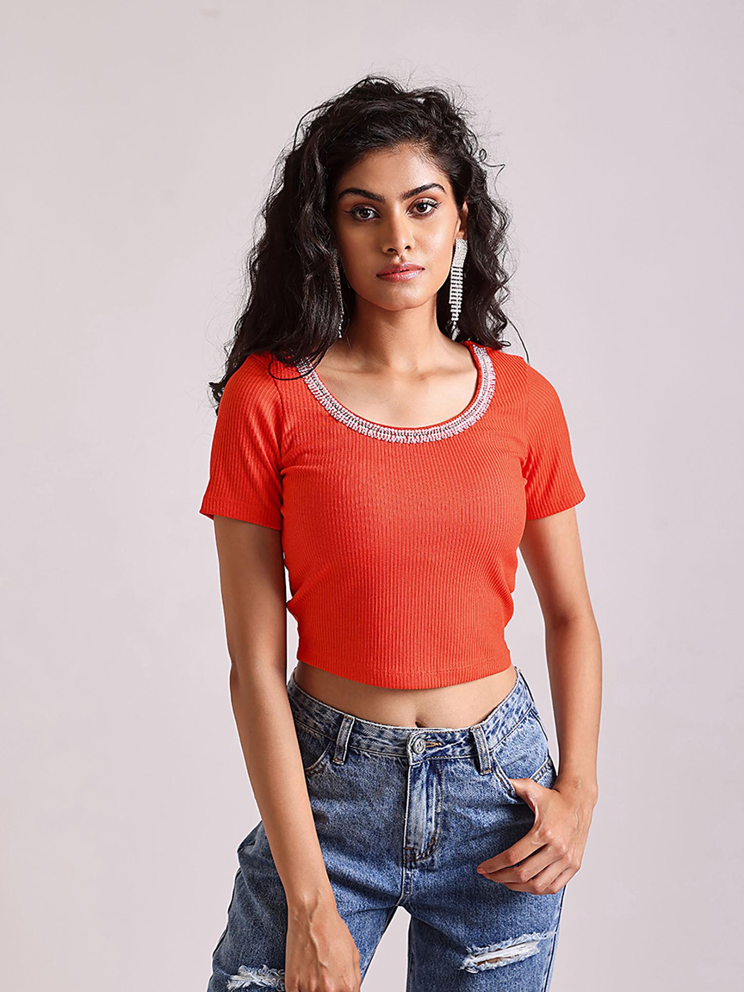 orange rib embellish top