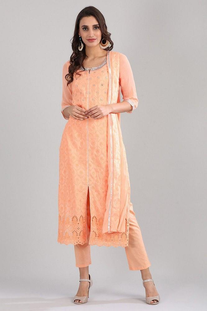 orange round neck embellished kurta set