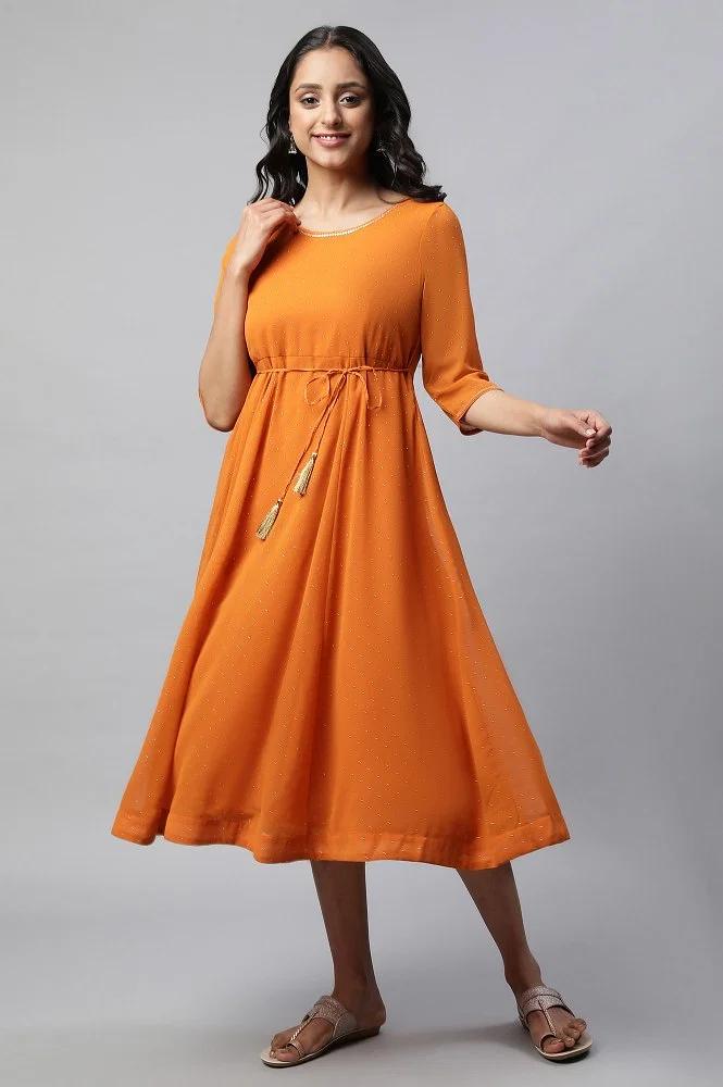 orange round neck foil print flared dress