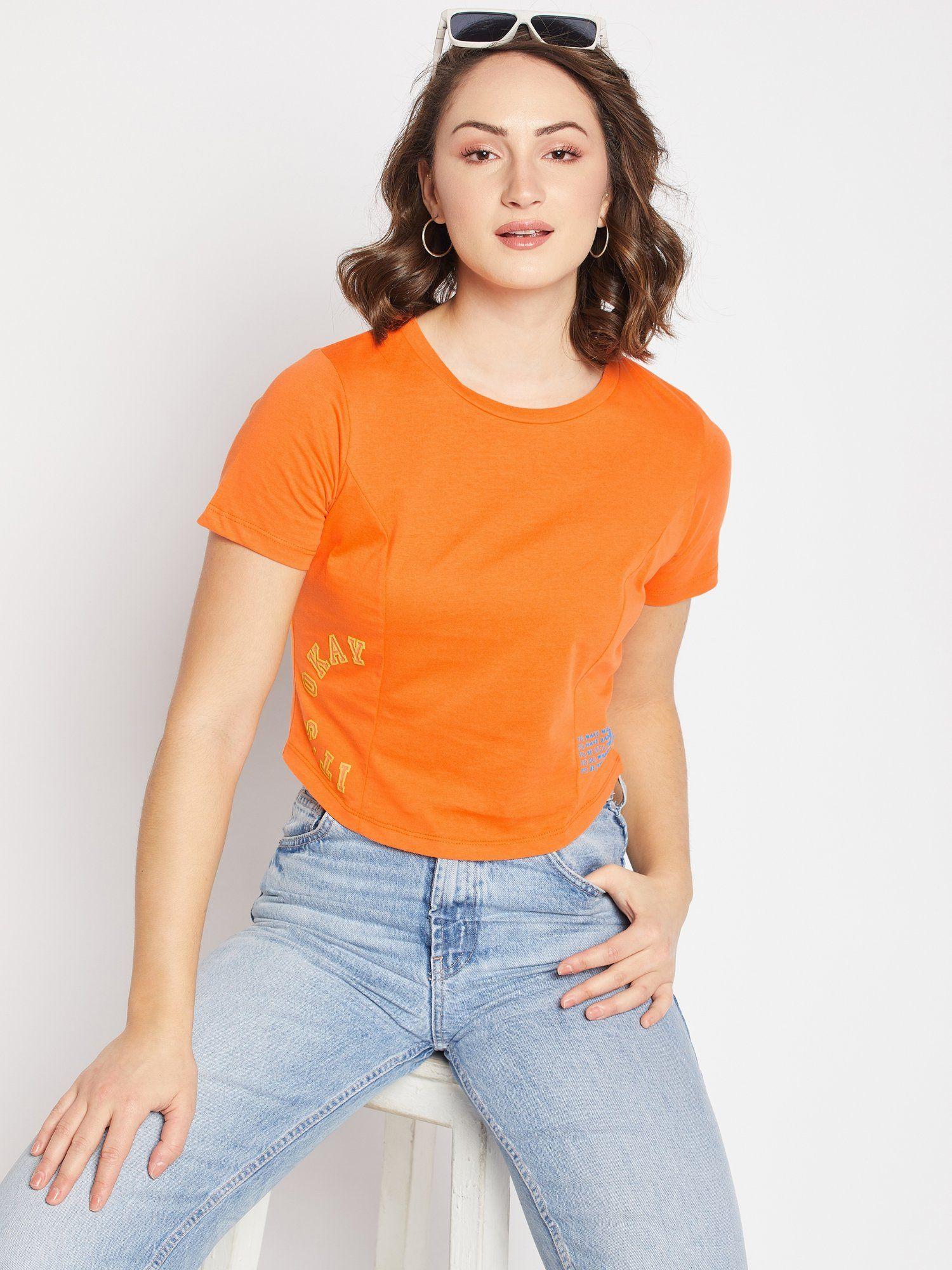 orange round neck half sleeves crop tops