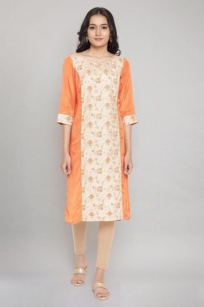 orange round neck printed straight kurta