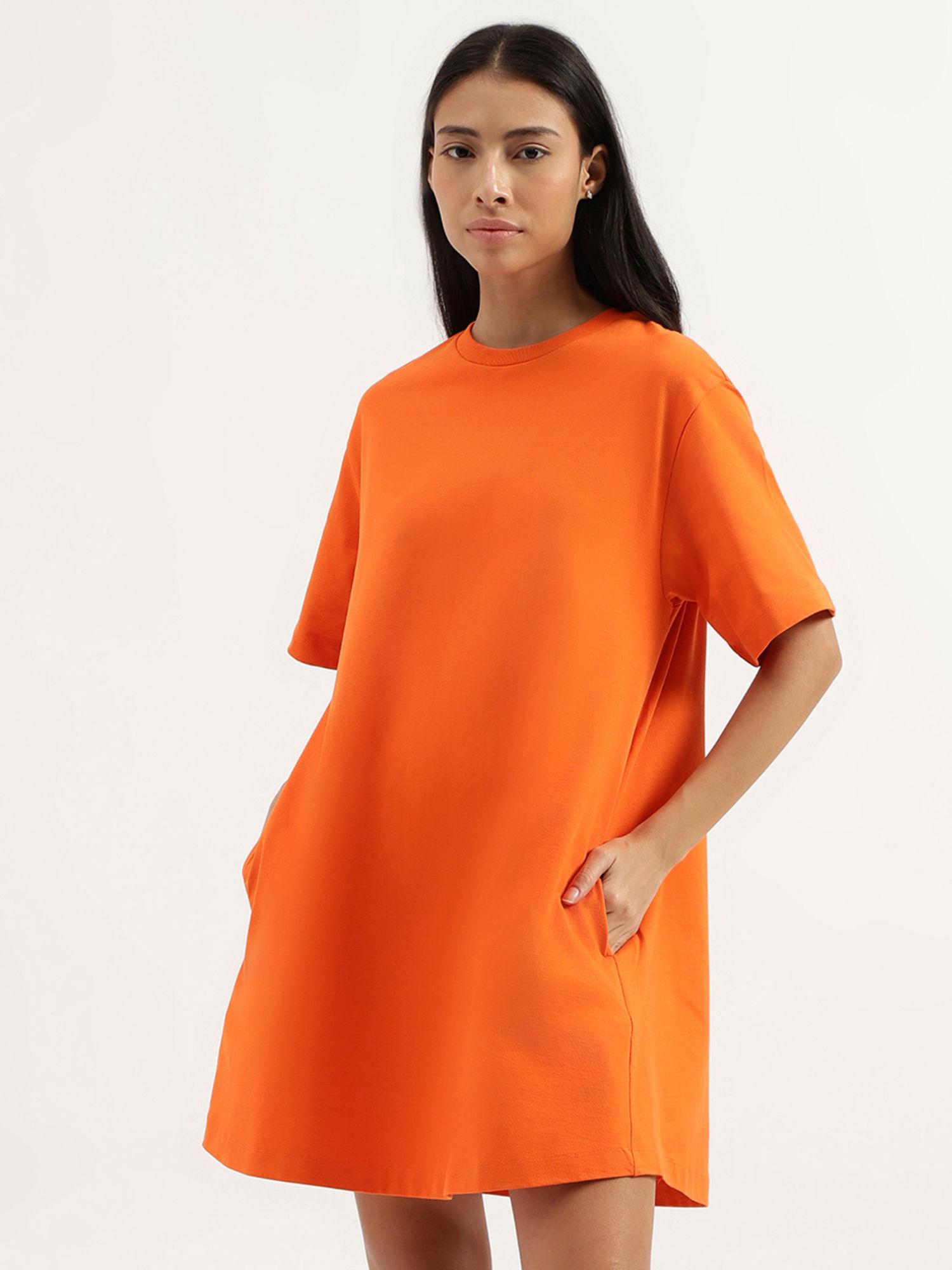 orange round neck solid dress