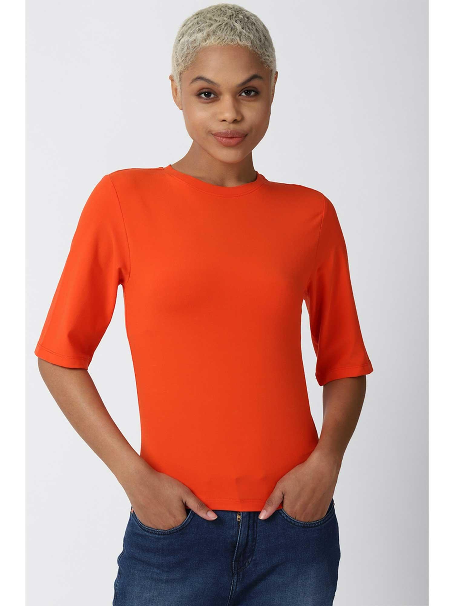 orange round neck solid t shirt