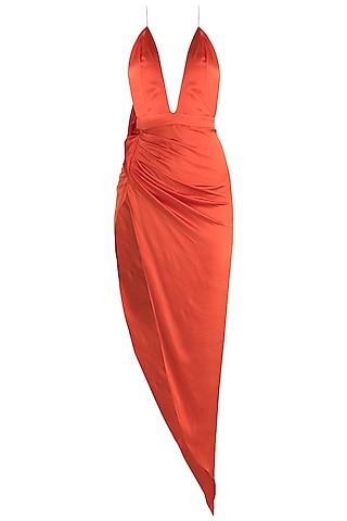 orange satin dress with rust turban