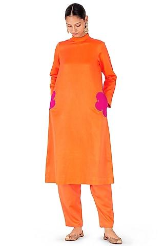 orange satin silk quilted patchwork kurta set