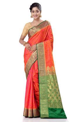 orange satin silk saree with all over floral jacquard weave and stone work embellished with blouse piece - orange