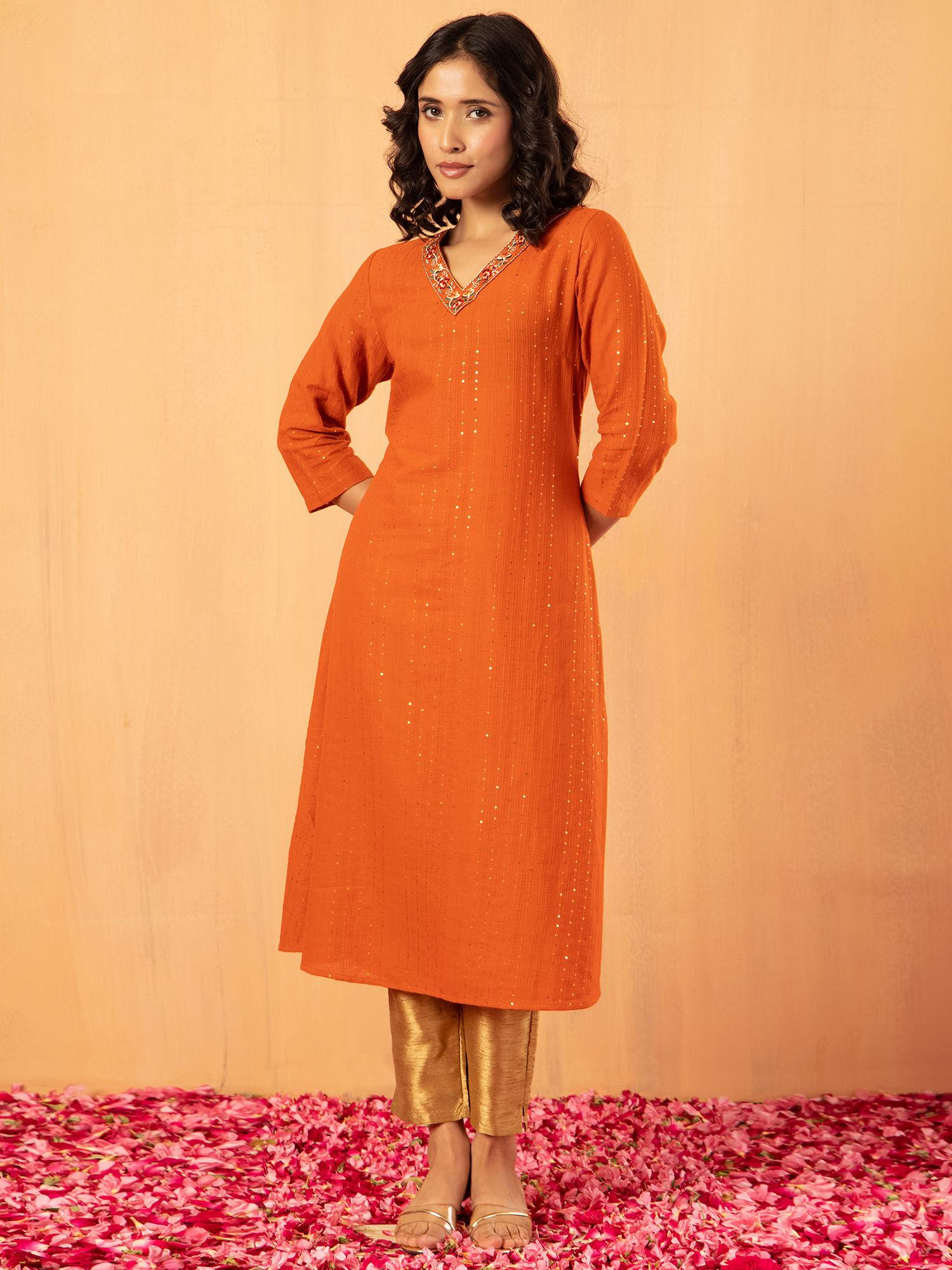 orange sequin and thread embroidered cotton a-line kurta