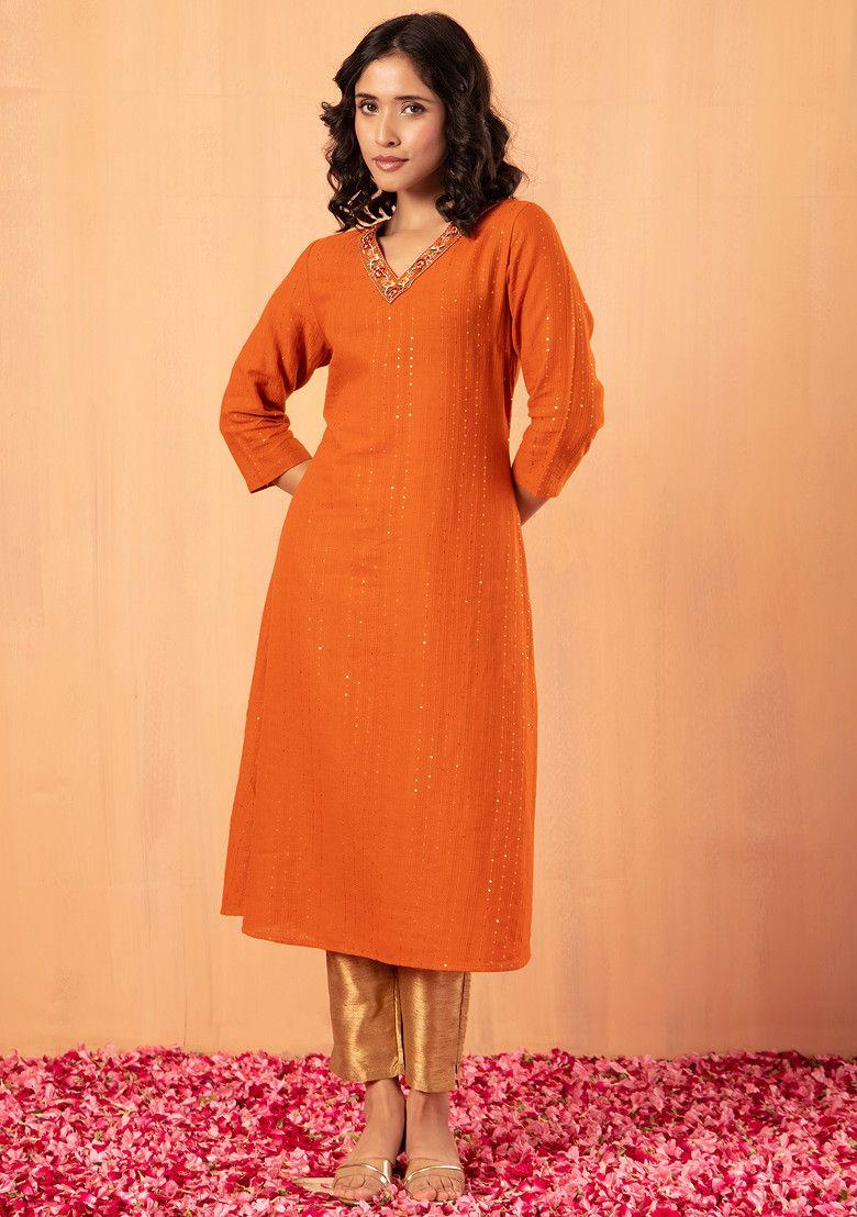 orange sequin and thread embroidered cotton a-line kurta