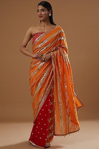 orange sequinned pre-pleated saree set