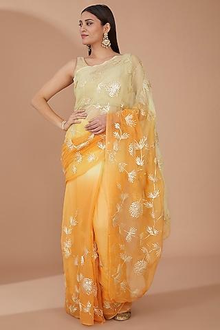 orange shaded chiffon gota embroidered handcrafted saree set