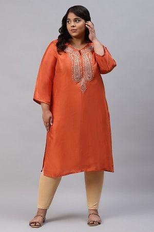 orange shantung plus size kurta with multicoloured embroidery