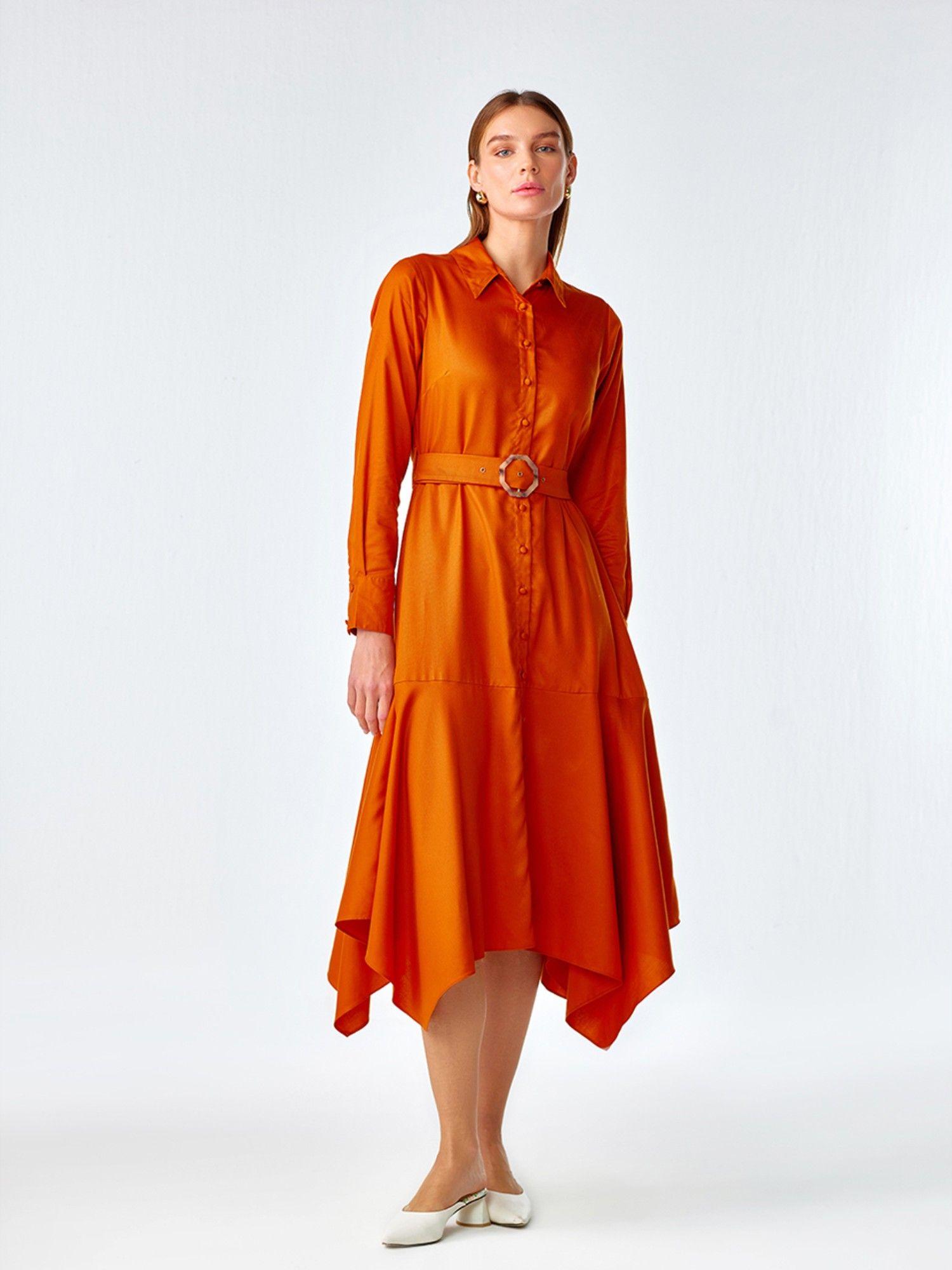 orange shirt asymmetric hem dress with belt (set of 2)