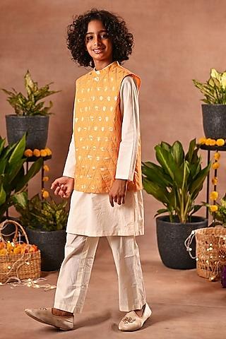 orange silk & cotton voile nehru jacket set for boys