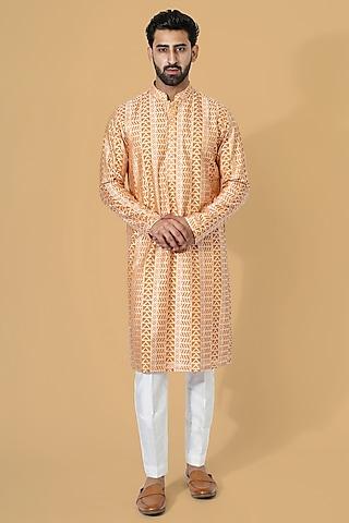 orange silk blend & cotton silk embroidered kurta set