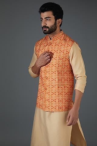 orange silk blend digital printed bundi jacket