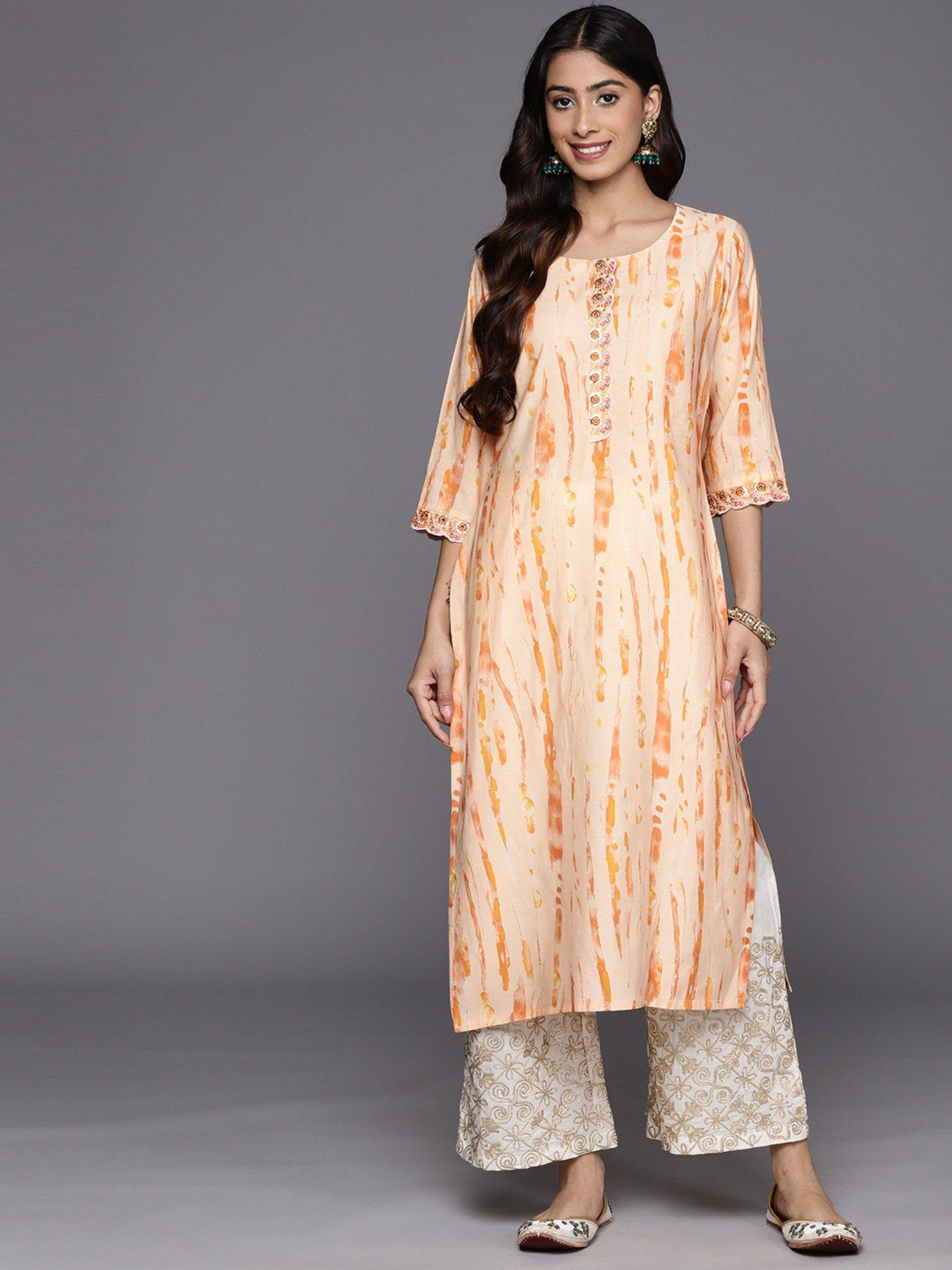 orange silk blend scalloped lace detail straight kurta