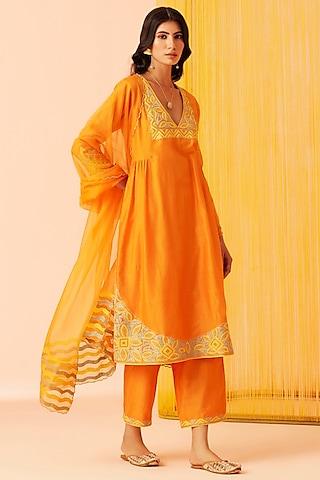 orange silk chanderi a-line kurta set