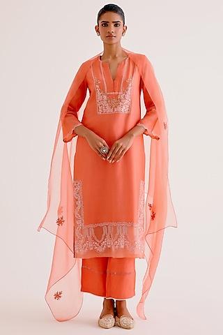 orange silk chanderi dori & sequins embroidered kurta set
