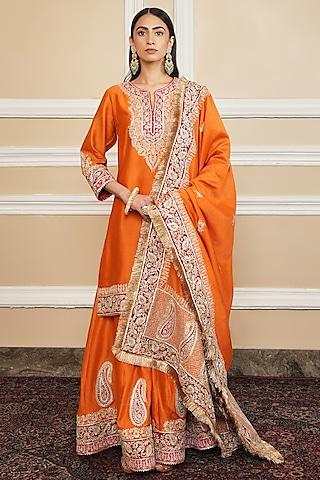 orange silk chanderi embroidered kurta set for girls