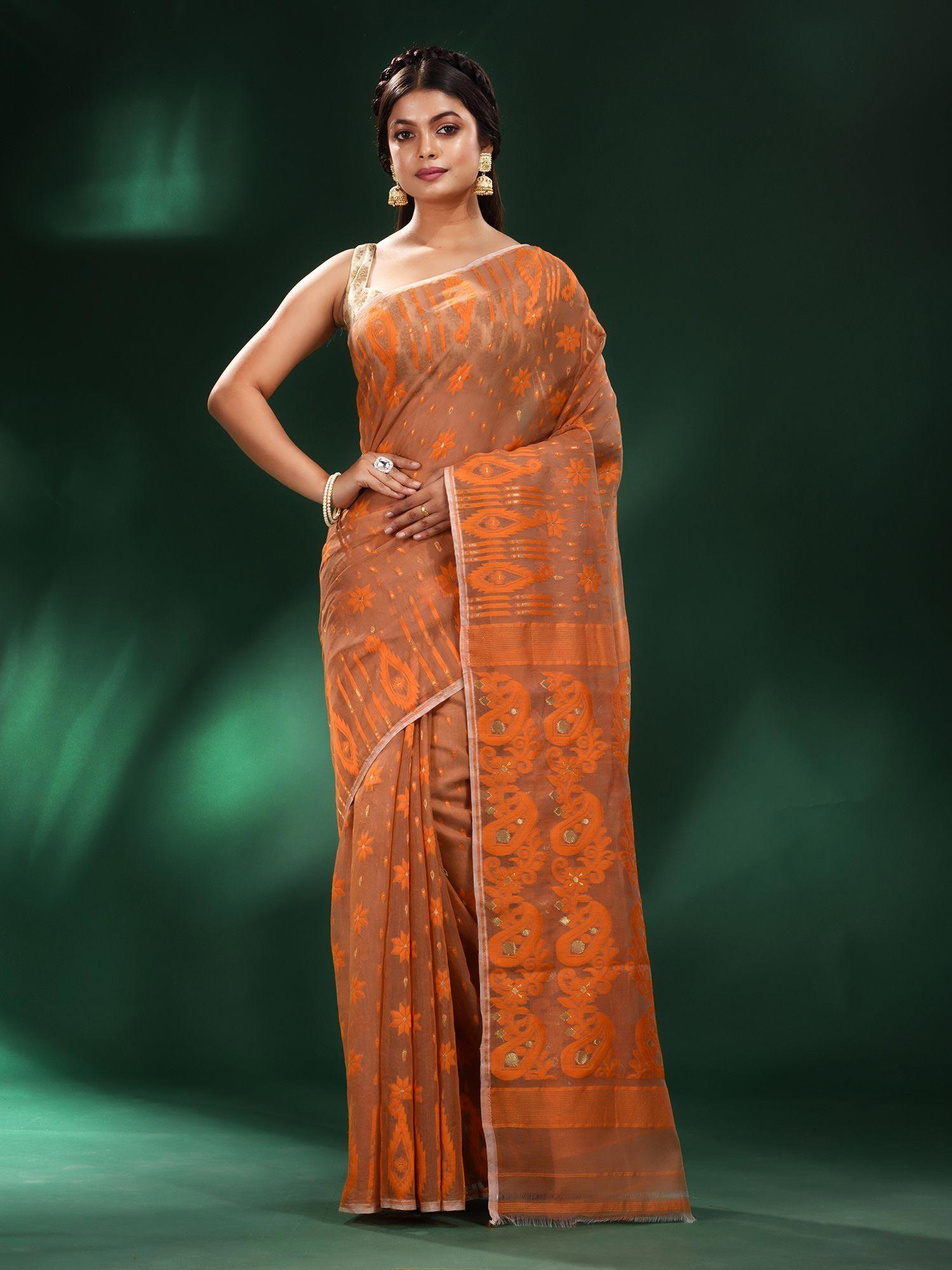 orange silk cotton handwoven soft jamdani saree without blouse